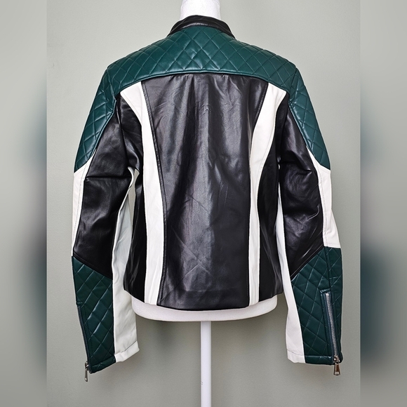 Color-block Vegan Leather Moto Jacket Black White Dark Green LARGE - Picture 7 of 13
